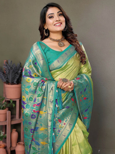 Bewitching Olive Green Zari Weaving Banarasi Silk Paithani Saree